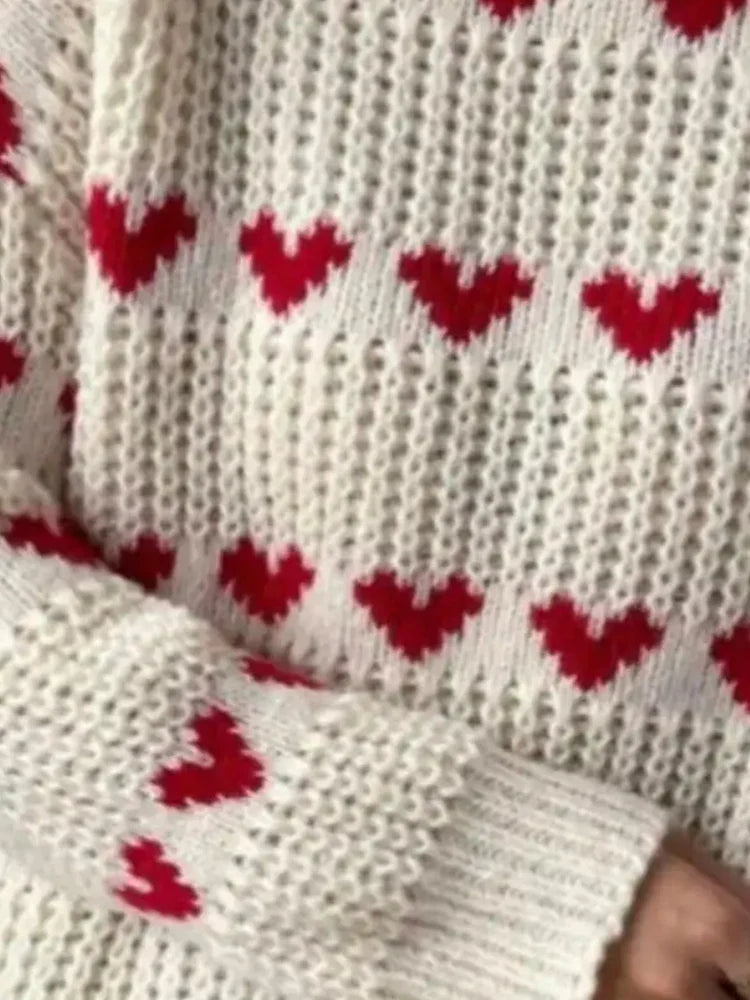 Damen Winterpullover mit Herzmuster – Lässiger Rundhals Acrylpullover mit Drop-Schultern - Elouise