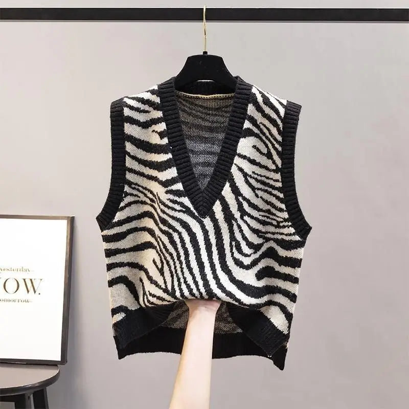 Kurzarm Zebra-Muster Weste mit V-Ausschnitt Y2K - Karyn