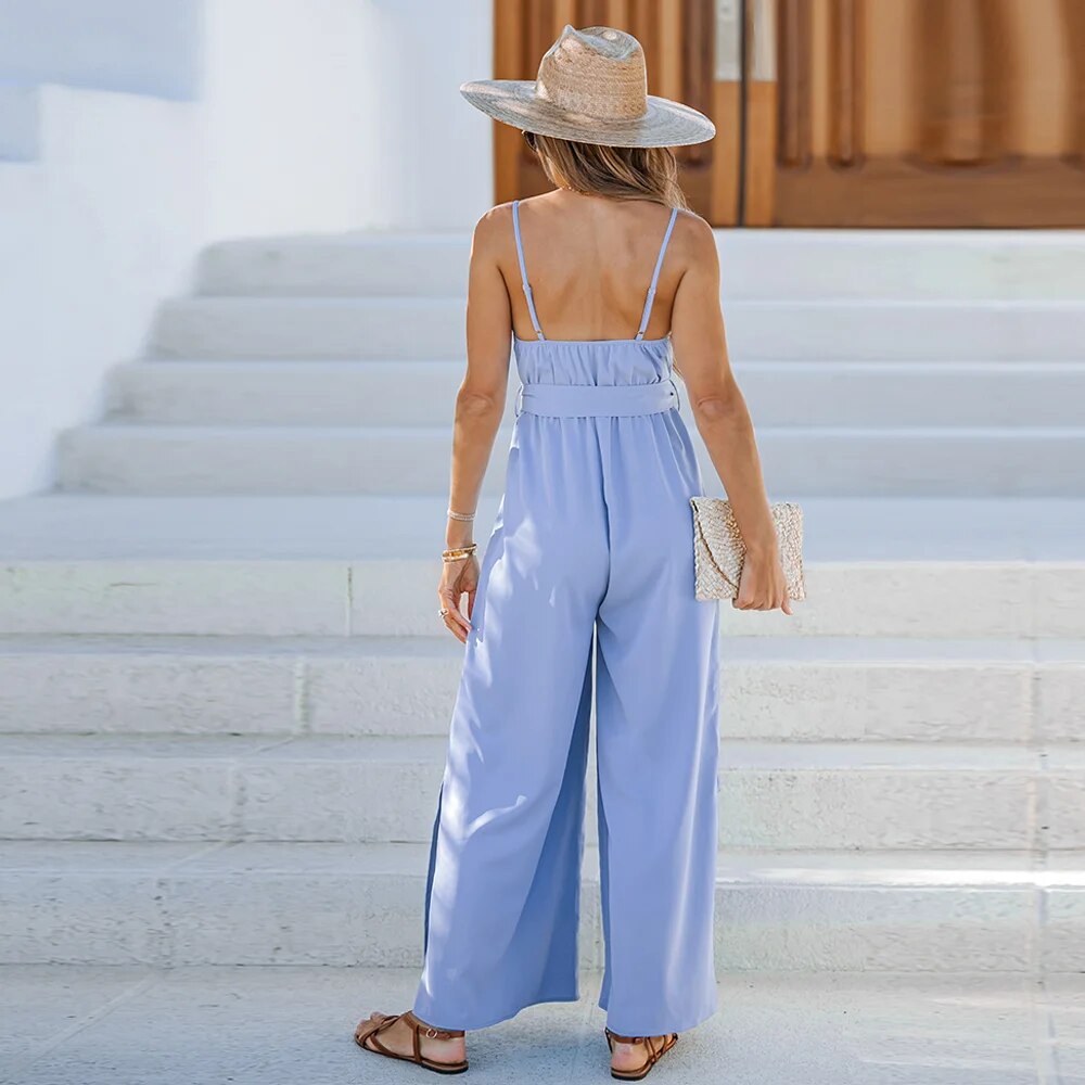 Giovanna - Weitbeiniger Jumpsuit mit Gürtel in Blau