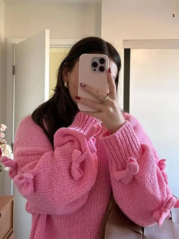 Rosa Strickpullover mit 3D-Schleifen – Elegante Oversize Streetwear für Damen - Neslin