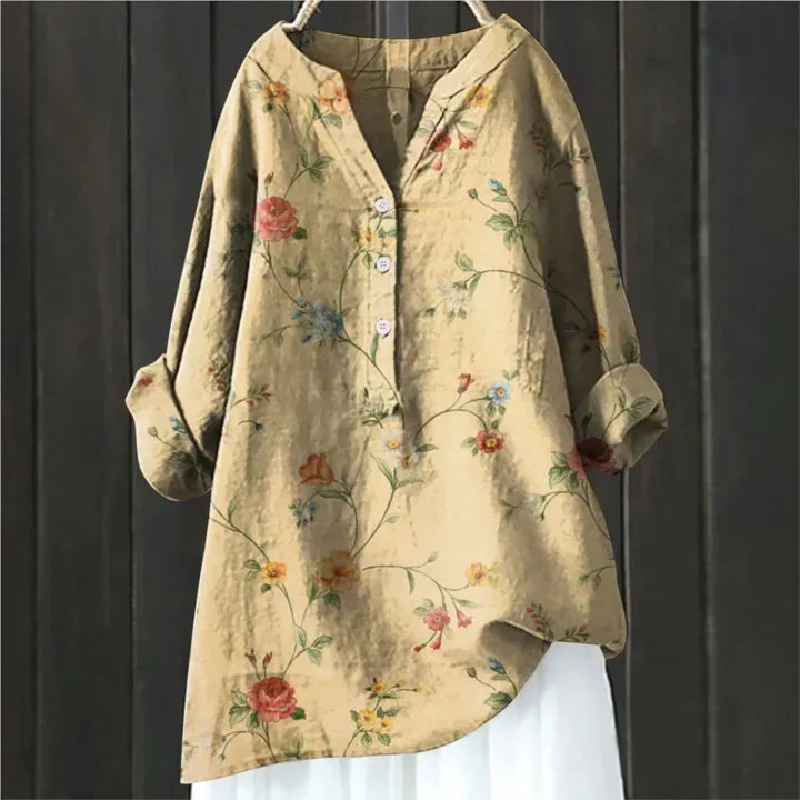 Jordiya | Damen Lang Lässige Blumen Bluse | Langarm