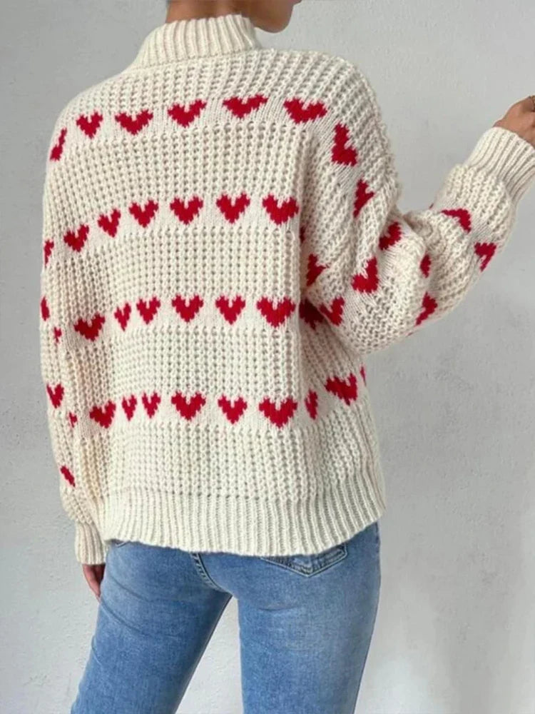 Damen Winterpullover mit Herzmuster – Lässiger Rundhals Acrylpullover mit Drop-Schultern - Elouise