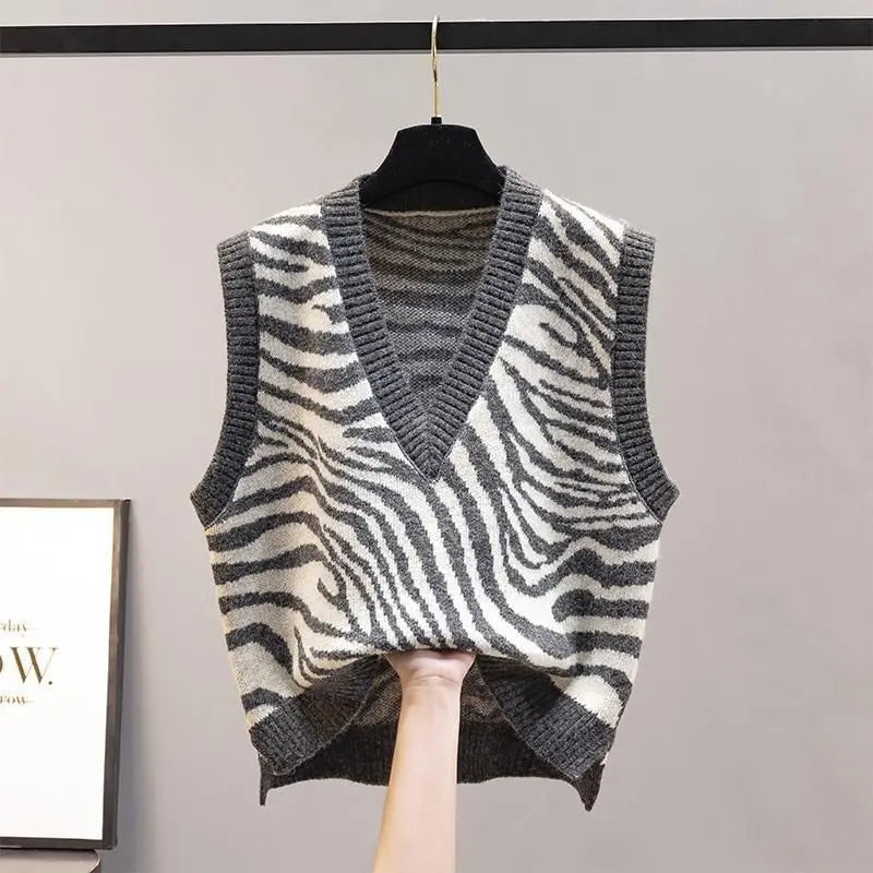Kurzarm Zebra-Muster Weste mit V-Ausschnitt Y2K - Karyn