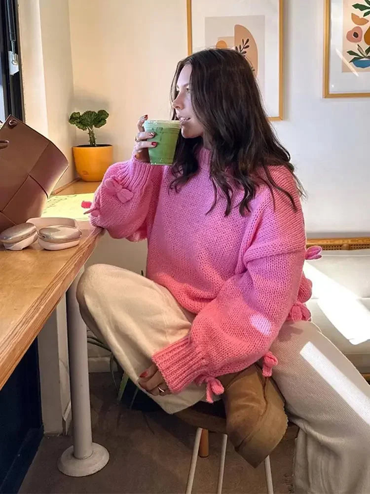 Rosa Strickpullover mit 3D-Schleifen – Elegante Oversize Streetwear für Damen - Neslin
