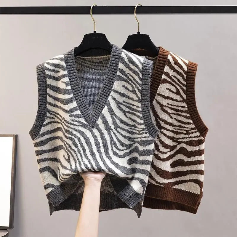 Kurzarm Zebra-Muster Weste mit V-Ausschnitt Y2K - Karyn