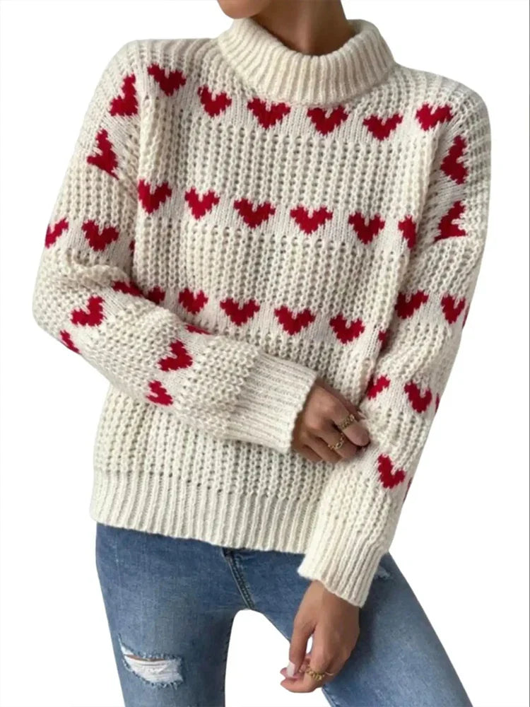 Damen Winterpullover mit Herzmuster – Lässiger Rundhals Acrylpullover mit Drop-Schultern - Elouise