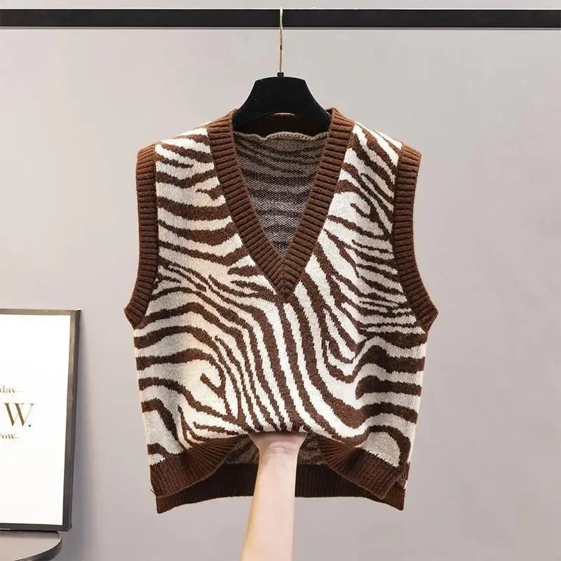 Kurzarm Zebra-Muster Weste mit V-Ausschnitt Y2K - Karyn