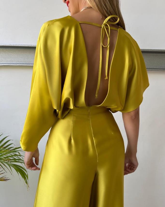 Natalina - Damen Tief V-Ausschnitt Rückenfreier Jumpsuit