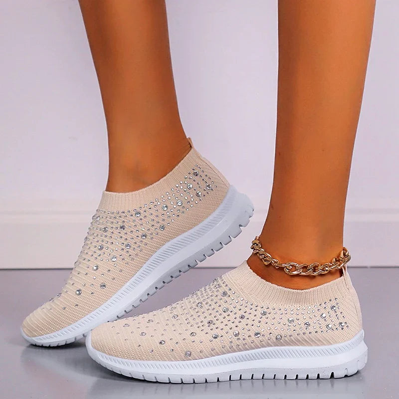 Quintina - Glänzende Kristall-Flats für Damen in Übergröße mit atmungsaktivem Mesh und weicher Sohle