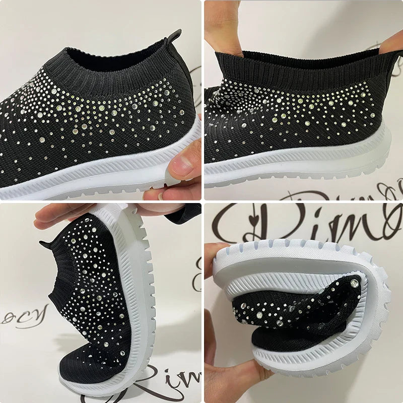 Quintina - Glänzende Kristall-Flats für Damen in Übergröße mit atmungsaktivem Mesh und weicher Sohle