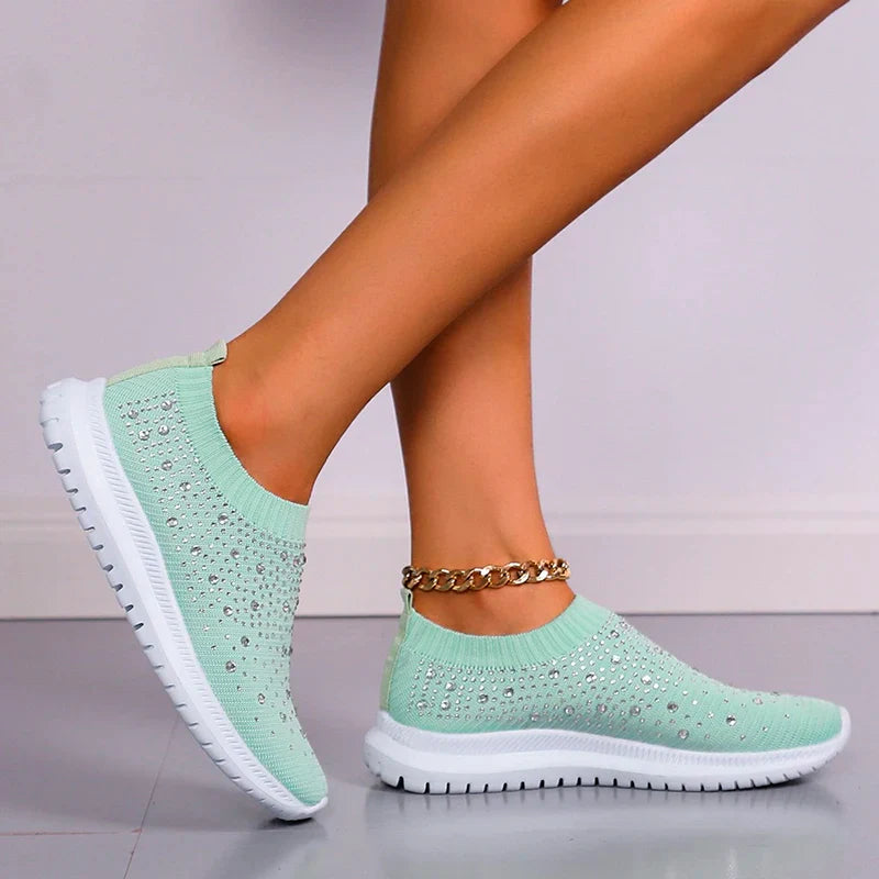 Quintina - Glänzende Kristall-Flats für Damen in Übergröße mit atmungsaktivem Mesh und weicher Sohle