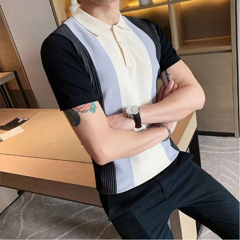 Osten- Kontrastreiche Streifen Polo-Shirt im Koreanischen Stil