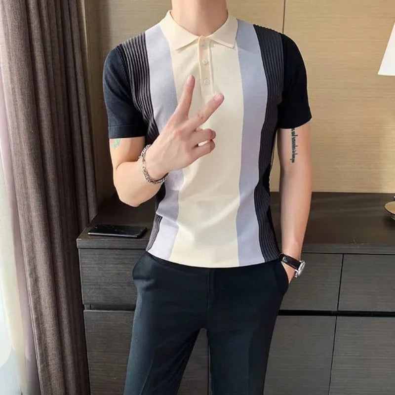 Osten- Kontrastreiche Streifen Polo-Shirt im Koreanischen Stil
