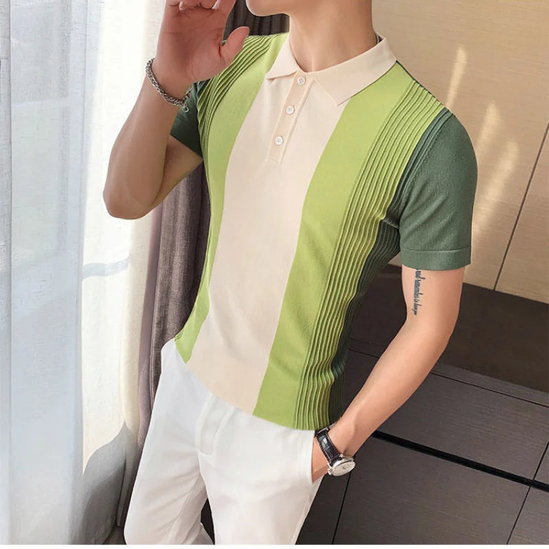Osten- Kontrastreiche Streifen Polo-Shirt im Koreanischen Stil