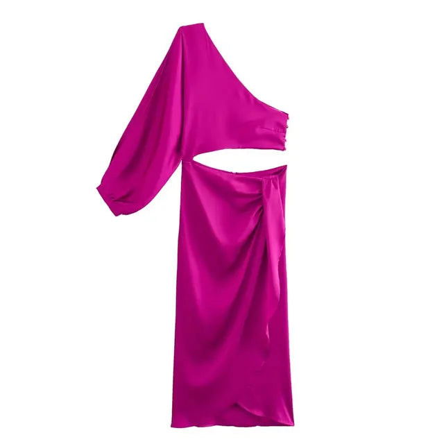 Lillymoda | Ciara - satiniertes langes Kleid mit asymmetrischem Ausschnitt