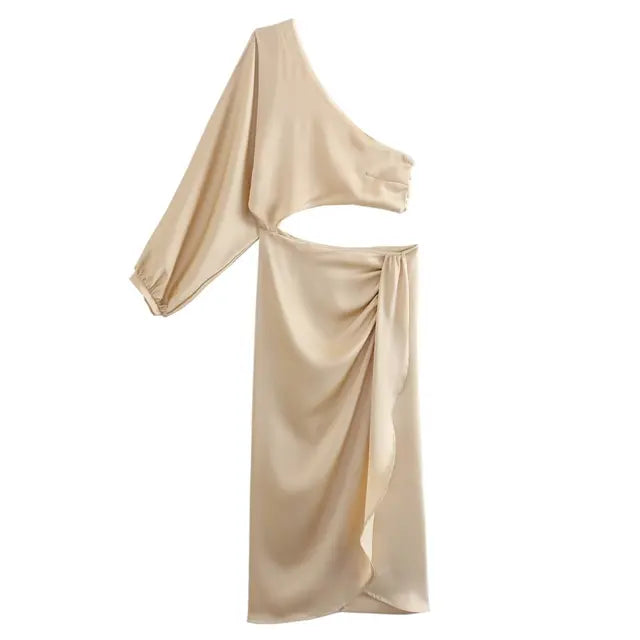 Lillymoda | Ciara - satiniertes langes Kleid mit asymmetrischem Ausschnitt