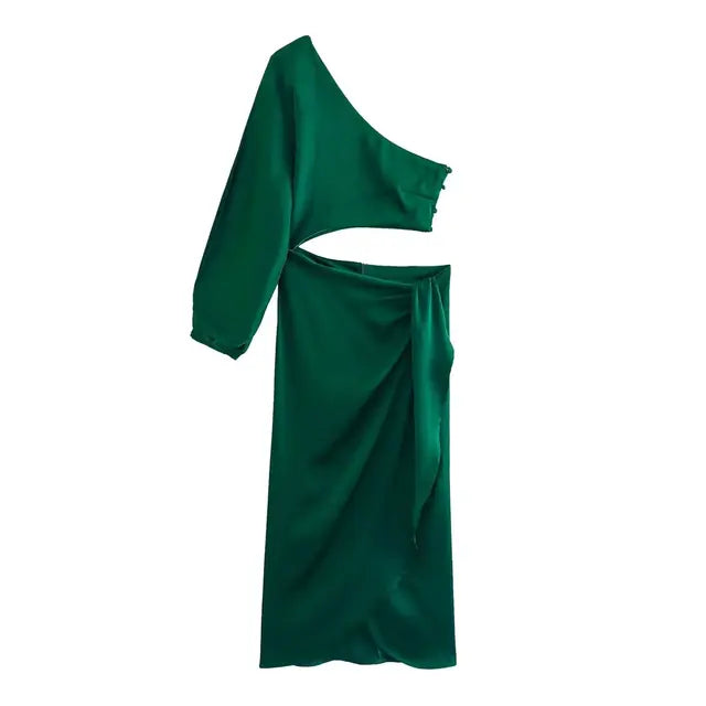 Lillymoda | Ciara - satiniertes langes Kleid mit asymmetrischem Ausschnitt