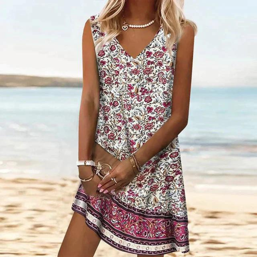 Elke Kleid | Elegantes ärmelloses Kleid mit Blumenmuster und V-Ausschnitt für den Sommer