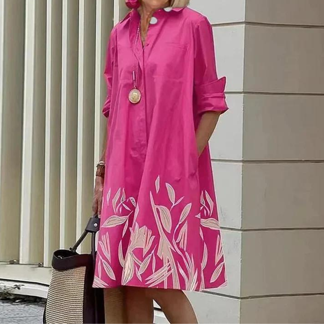 Clara Midikleid | Stilvolles Kleid mit Kragen, Print und langen Ärmeln