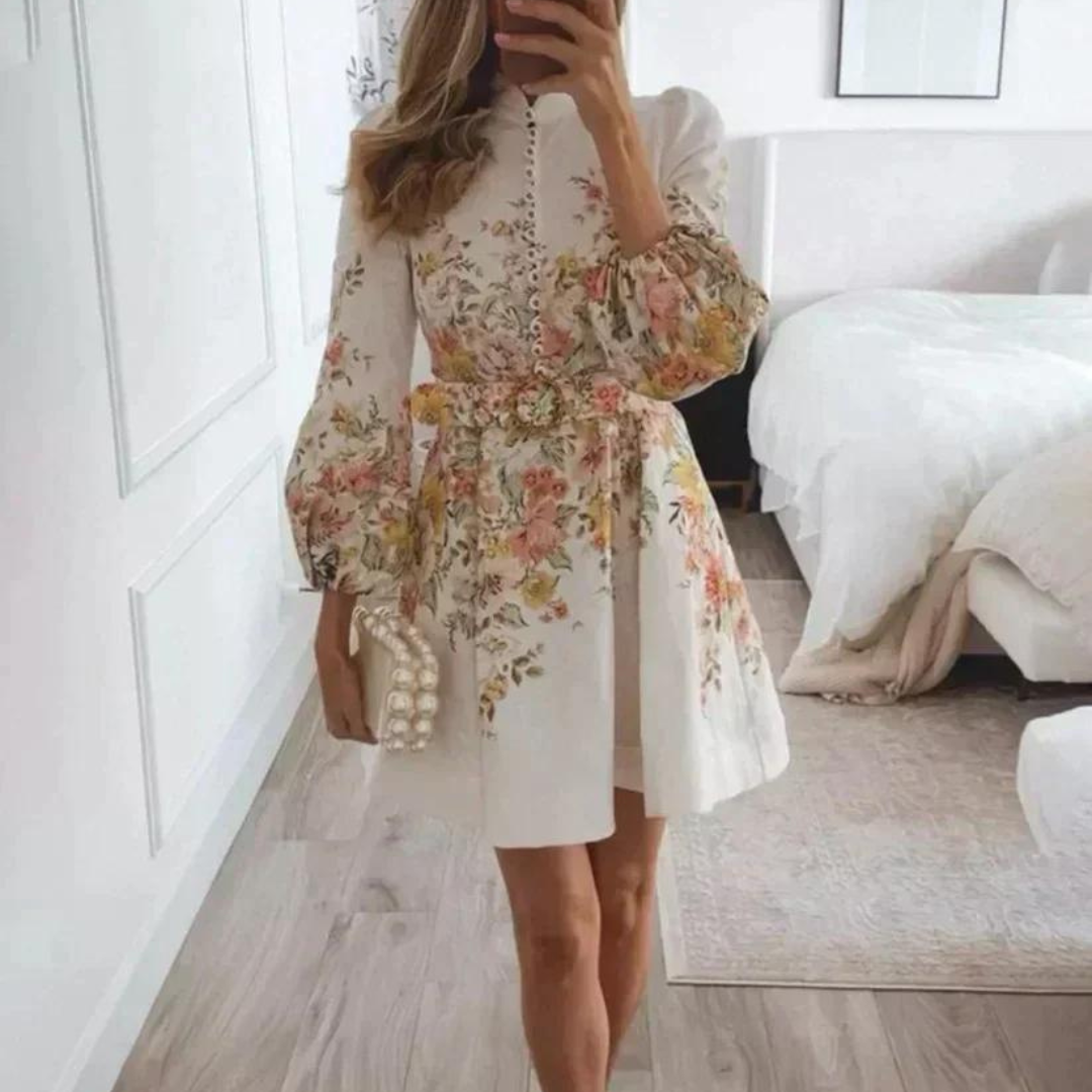 Helene Kleid | Kleid mit Puffärmeln und Blumenmuster mit stilvollem Gürtel