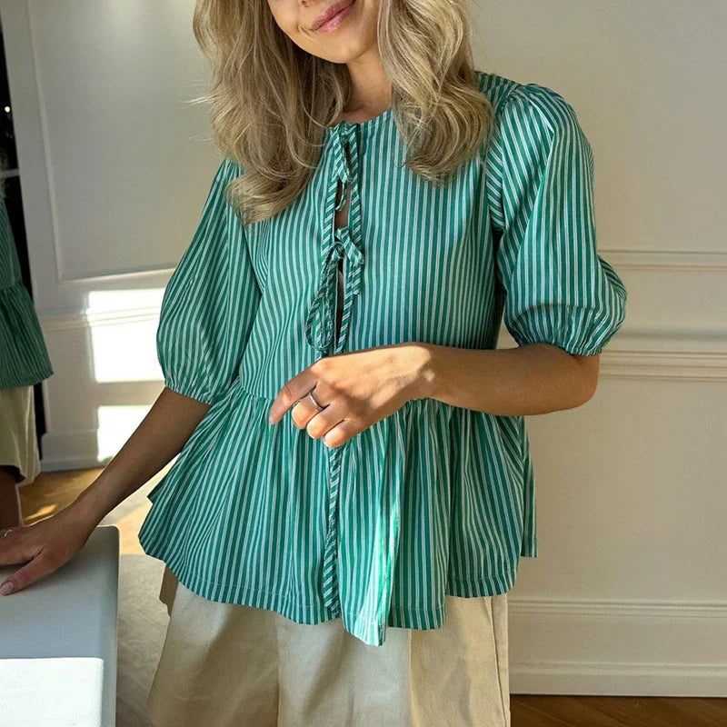 Mova | Vintage Gestreifte Bluse mit Krawattenschleife