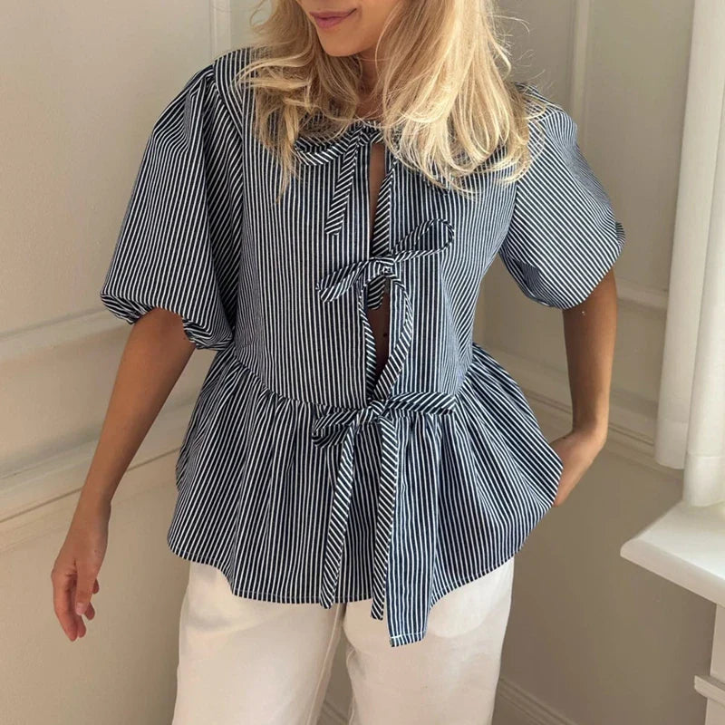 Mova | Vintage Gestreifte Bluse mit Krawattenschleife