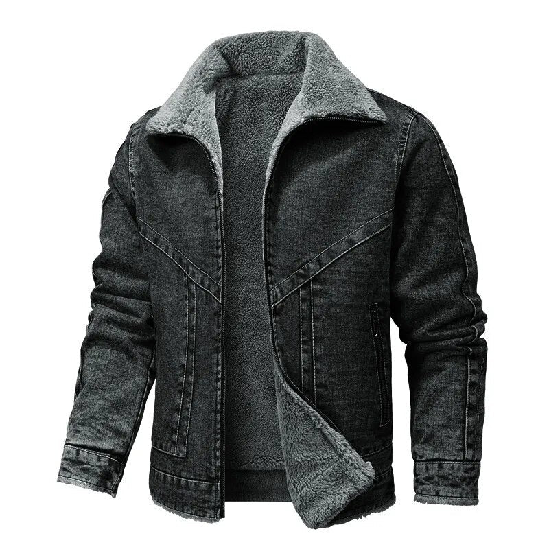 Winter-Jeansjacke – Warm – mit Reißverschluss – mit Fleece gefüttert – Herrenjacke