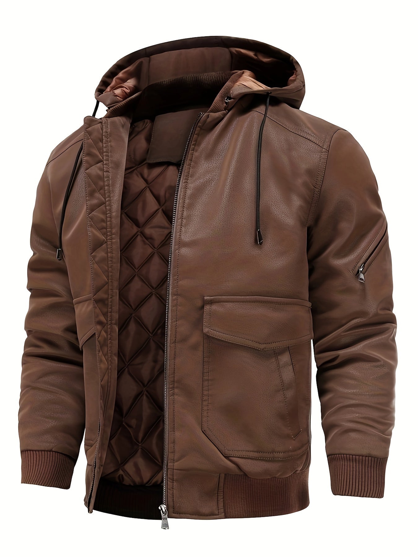 Winter-Lederjacke – winddichte PU-Lederjacke mit Kapuze und gestepptem Innenfutter für Herren
