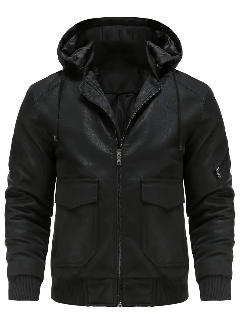 Winter-Lederjacke – winddichte PU-Lederjacke mit Kapuze und gestepptem Innenfutter für Herren
