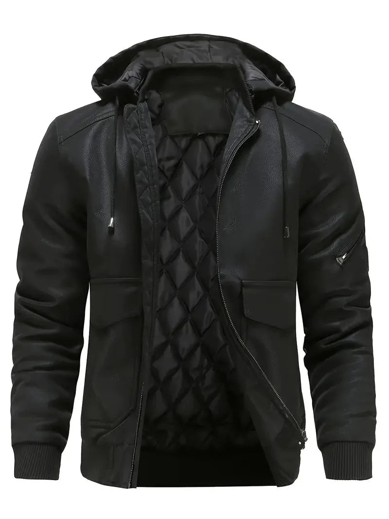 Winter-Lederjacke – winddichte PU-Lederjacke mit Kapuze und gestepptem Innenfutter für Herren