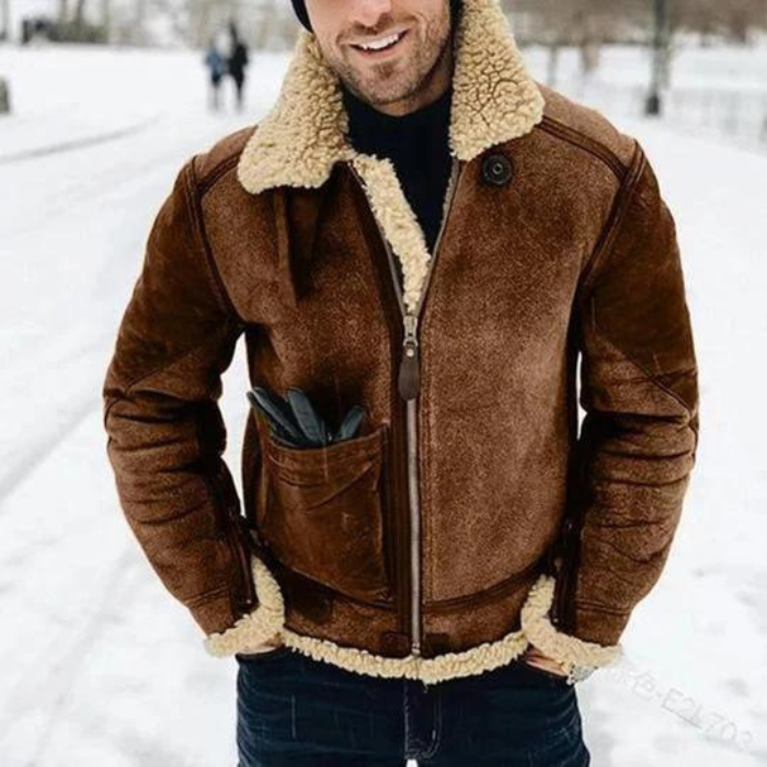 Winterjacke – Warme Herren-Lederjacke mit Reißverschluss und Sherpa-Futter