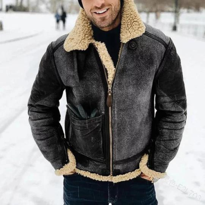 Winterjacke – Warme Herren-Lederjacke mit Reißverschluss und Sherpa-Futter