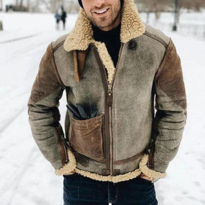 Winterjacke – Warme Herren-Lederjacke mit Reißverschluss und Sherpa-Futter