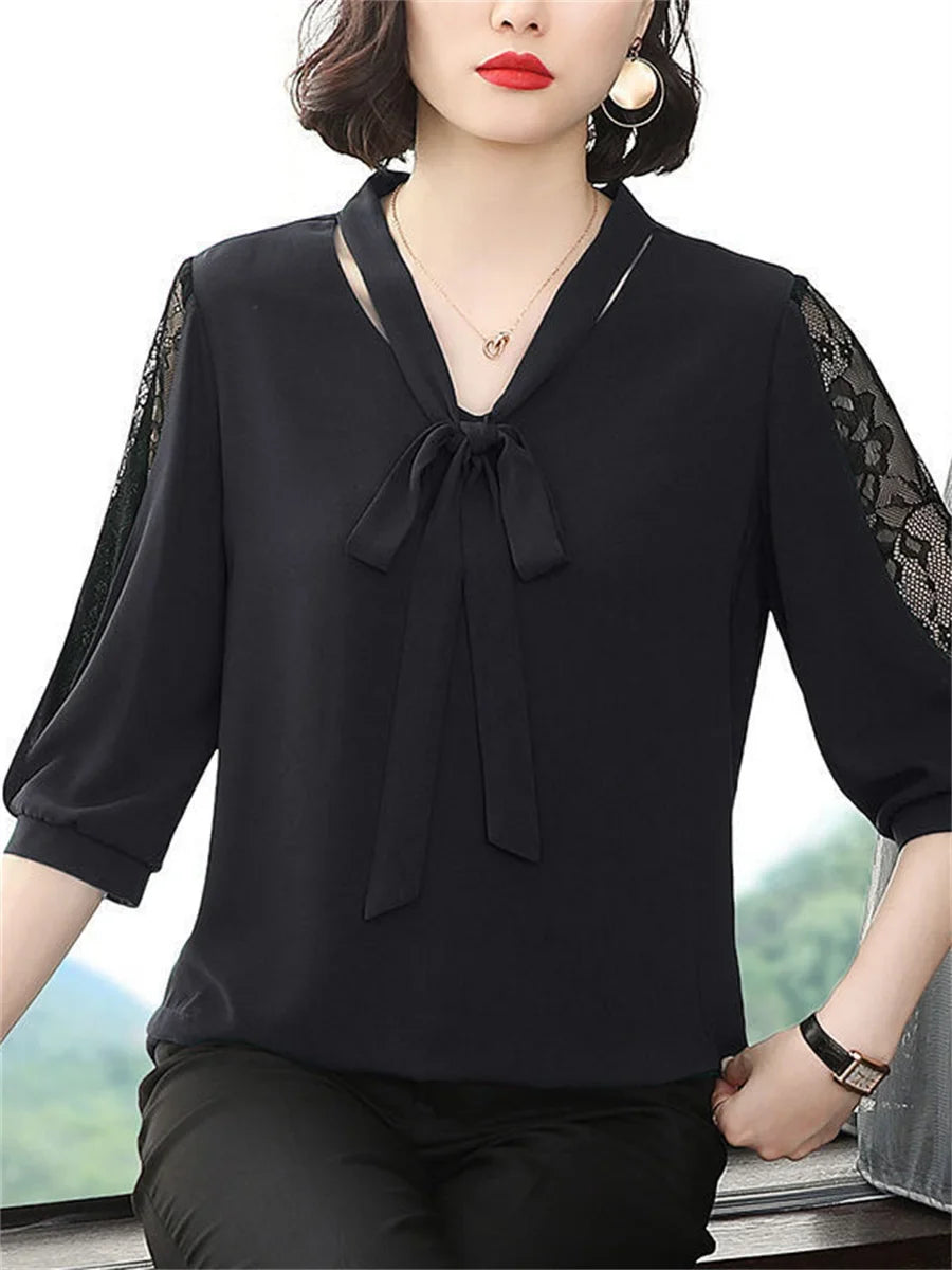 Yolanda - Bluse mit Schleifenkragen und Spitzenärmeln