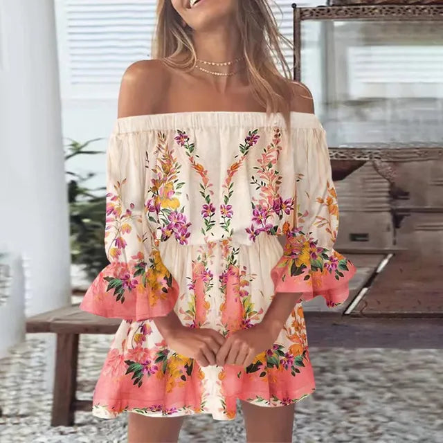 Lillymoda | Amelia - Stilvolles Schulterfreies Kleid mit Blumenmuster