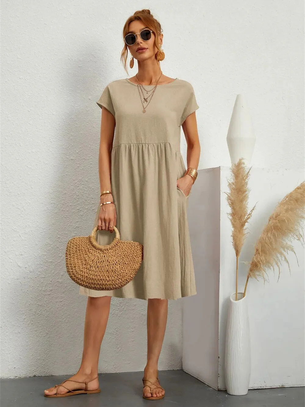 Leonie | Damen Elegante Kurzärmliges Kleid | Midi