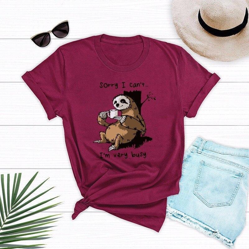 Damen-T-Shirt mit V-Ausschnitt und Faultier-Motiv