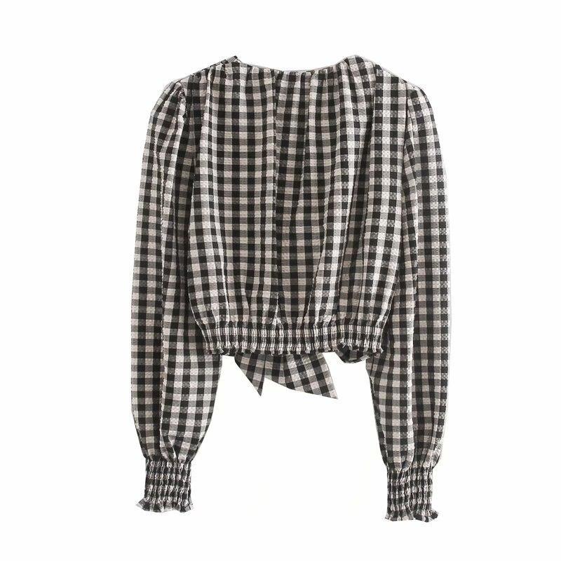 Kariertes Damen-T-Shirt mit V-Ausschnitt