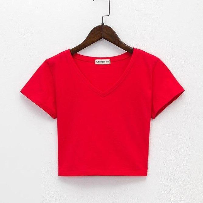 Crop-Damen-T-Shirt mit V-Ausschnitt