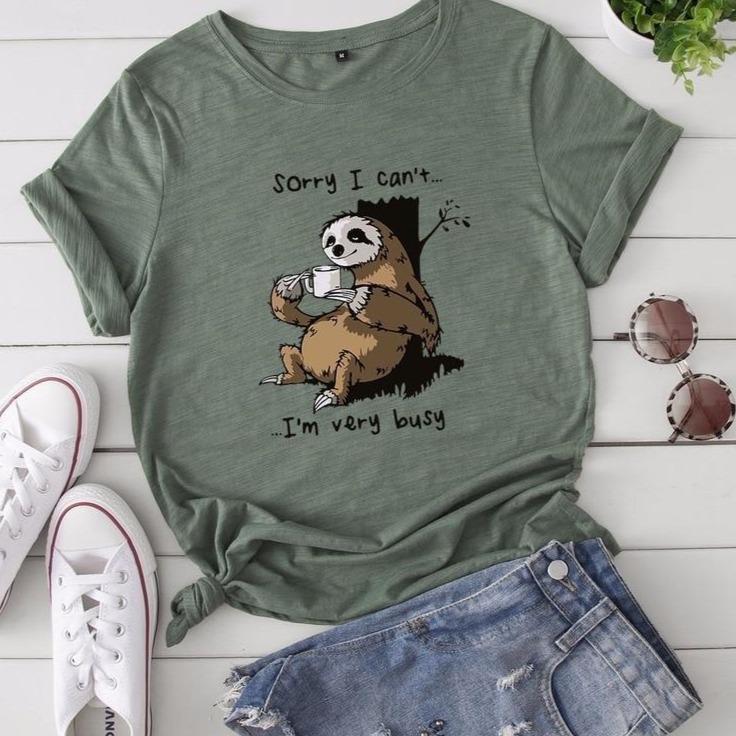 Damen-T-Shirt mit V-Ausschnitt und Faultier-Motiv