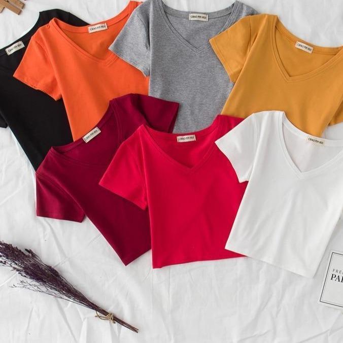 Crop-Damen-T-Shirt mit V-Ausschnitt