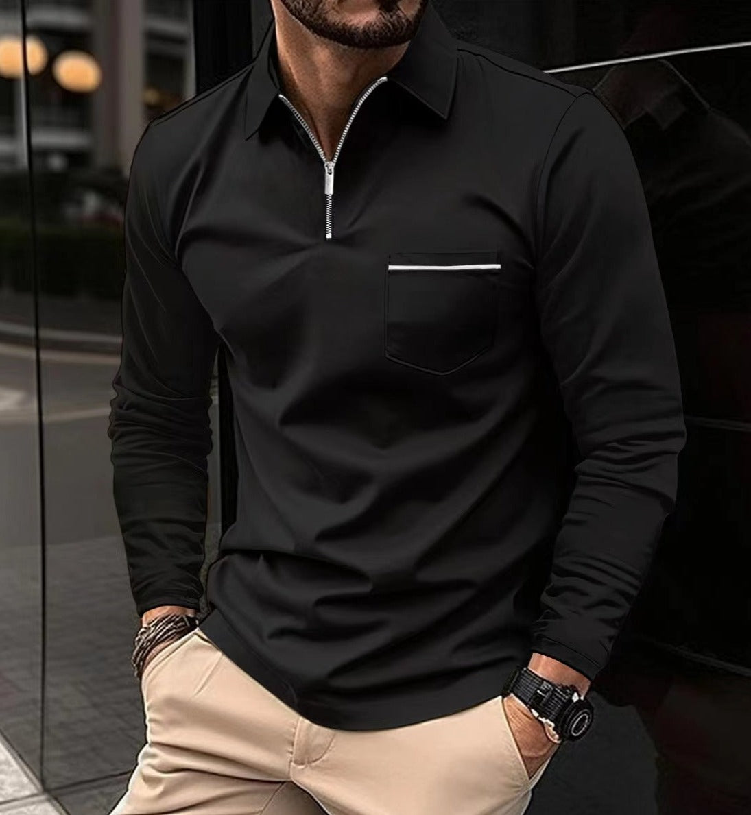 Alfons - Polo im Golfstil mit langen Ärmeln und Reißverschlusskragen