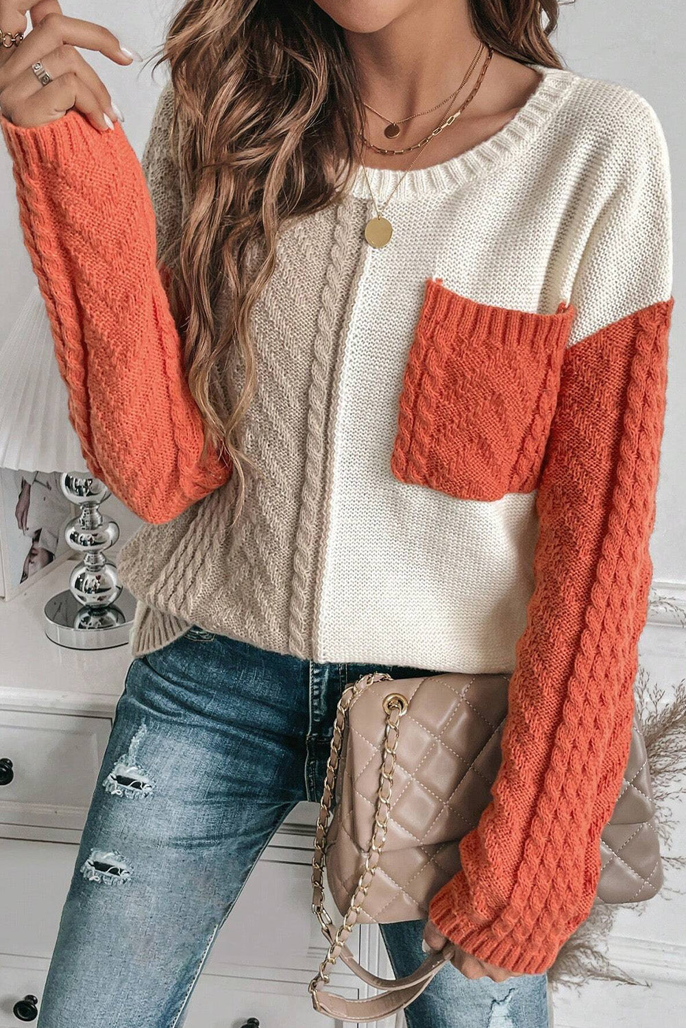 Pullover im trendigen Farbblock-Design mit Rundhalsausschnitt und langen Ärmeln für Frauen