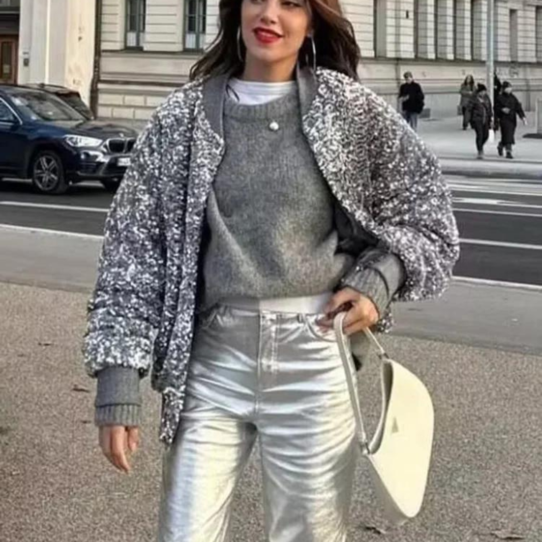 Elke Jacke | Funkelnde Silberne Pailletten Bomberjacke mit lockeren langen Ärmeln