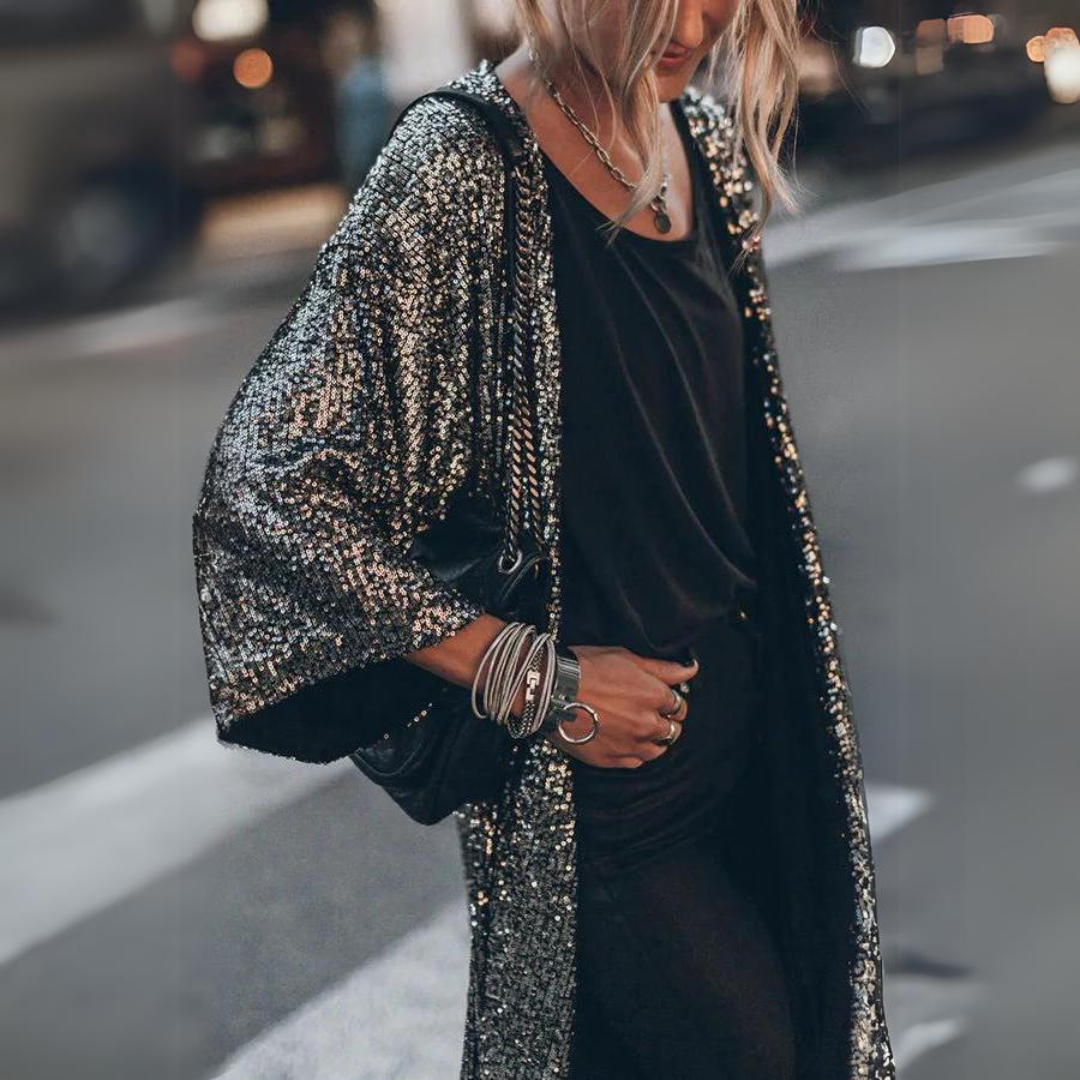 Clara Strickjacke | Elegante, lang geschnittene Strickjacke mit Pailletten und weiten Ärmeln