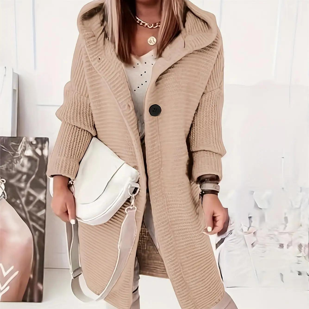 Hilde Strickjacke | Stilvolle lange Kapuzen-Strickjacke mit Strickdesign