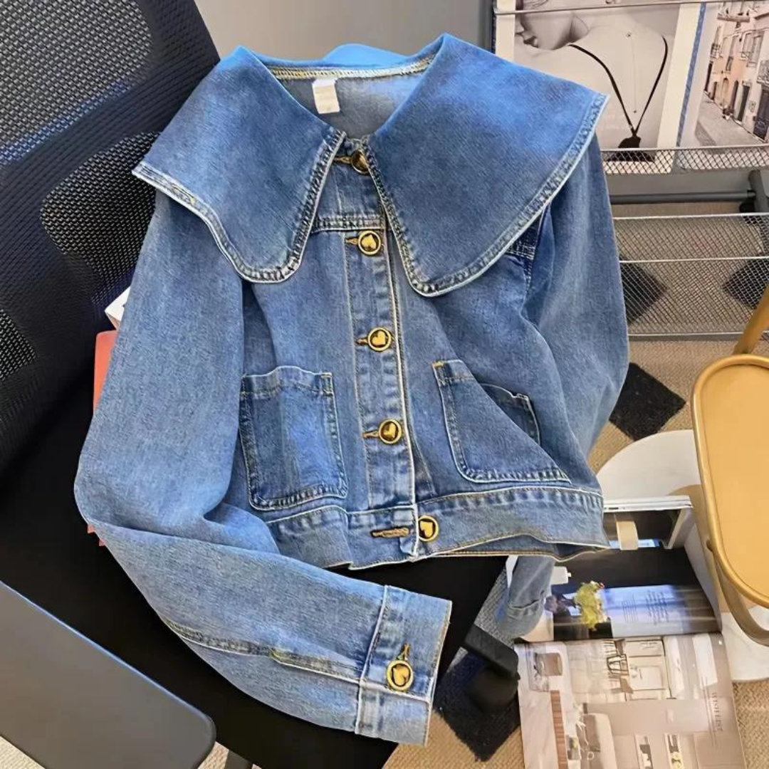 Hanna Jacke | Schicke Vintage-Lose-Denimjacke mit Lotusblattkragen-Design