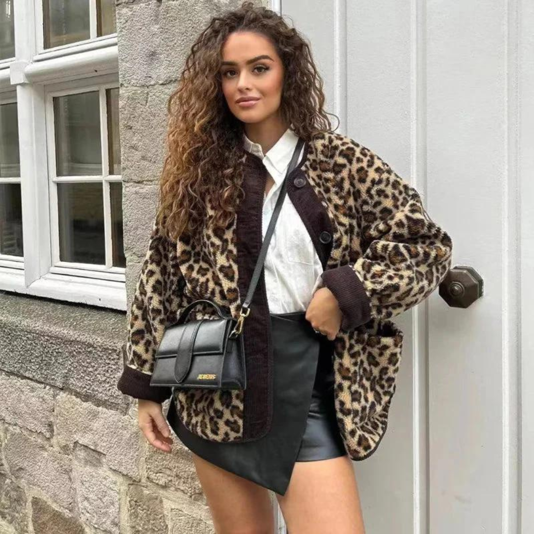 Sabrina Jacke | Damen Leopard Print Fleecejacke mit Knöpfen