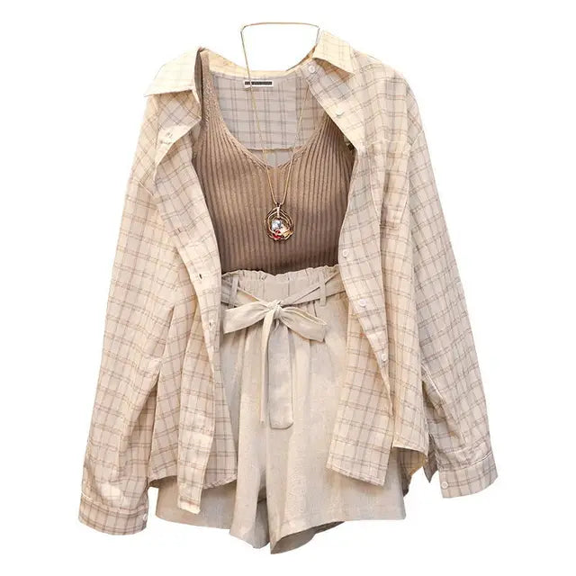 Lillymoda | Elianna - Lässig Kariertes Trendiges Set [Top, Shirt+kurze Hose]