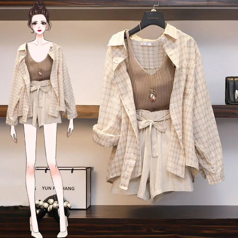 Lillymoda | Elianna - Lässig Kariertes Trendiges Set [Top, Shirt+kurze Hose]